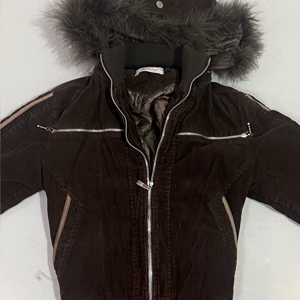 Dark Brown Cropped Corduroy Hooded Jacket with Faux Fur Trim